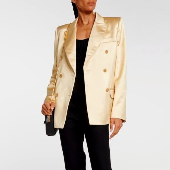 KHAITE 'Nathan' Double-Breasted Satin Blazer Jacket, Ecru - Picture 1 of 6